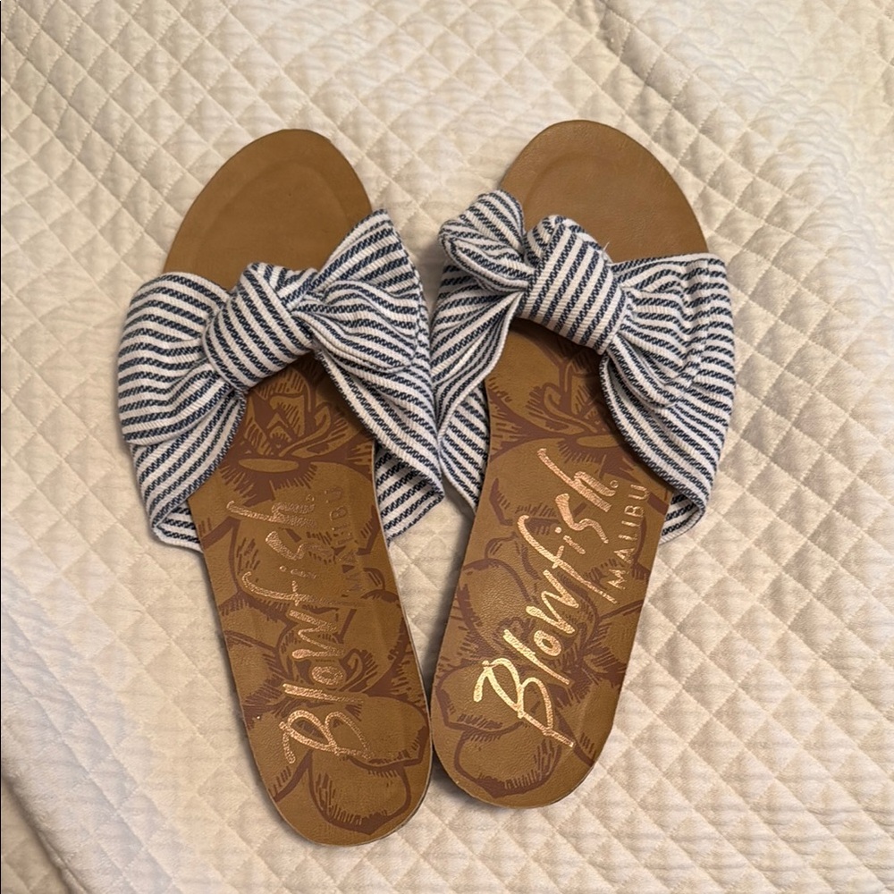 Blowfish Blue and Tan Sandals with Striped Bow